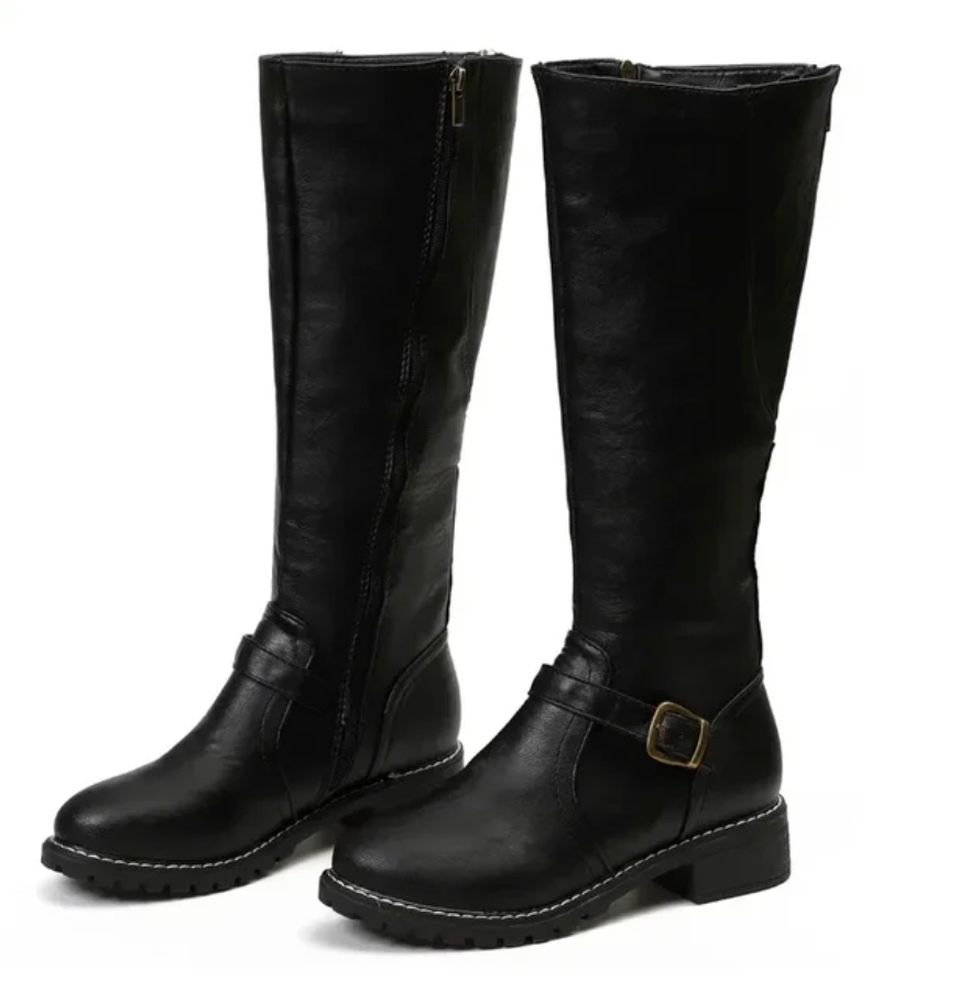 Women’s Knee High Boots with Buckle Strap Classic Low Heel Style