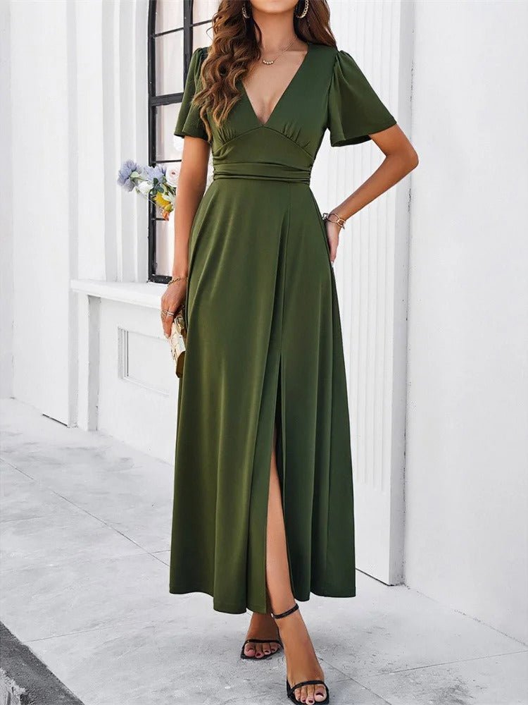 Variant image for Slim-Weißen V-Ausschnitt Damenkleid mit Hohem Schlitz und Kurzen Ärmeln – Festliches Kleid für Sommerabende-9