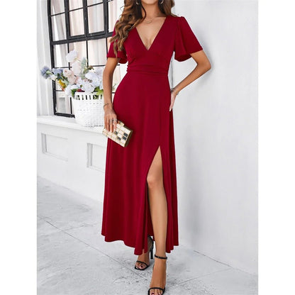 Slim-Weißen V-Ausschnitt Damenkleid mit Hohem Schlitz und Kurzen Ärmeln – Festliches Kleid für Sommerabende