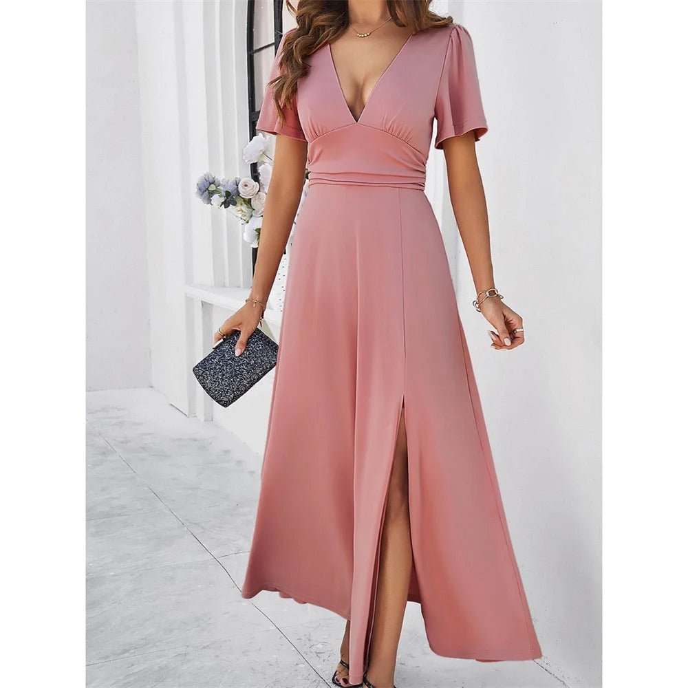 Variant image for Slim-Weißen V-Ausschnitt Damenkleid mit Hohem Schlitz und Kurzen Ärmeln – Festliches Kleid für Sommerabende-5