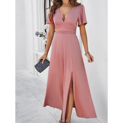 Variant image for Slim-Weißen V-Ausschnitt Damenkleid mit Hohem Schlitz und Kurzen Ärmeln – Festliches Kleid für Sommerabende-5