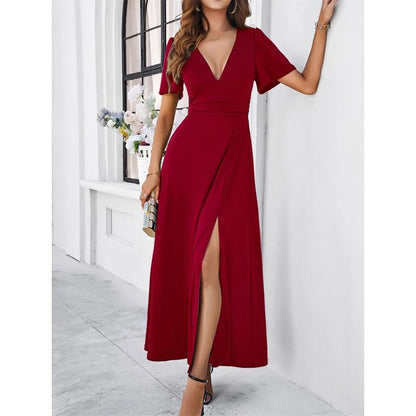 Variant image for Slim-Weißen V-Ausschnitt Damenkleid mit Hohem Schlitz und Kurzen Ärmeln – Festliches Kleid für Sommerabende-1