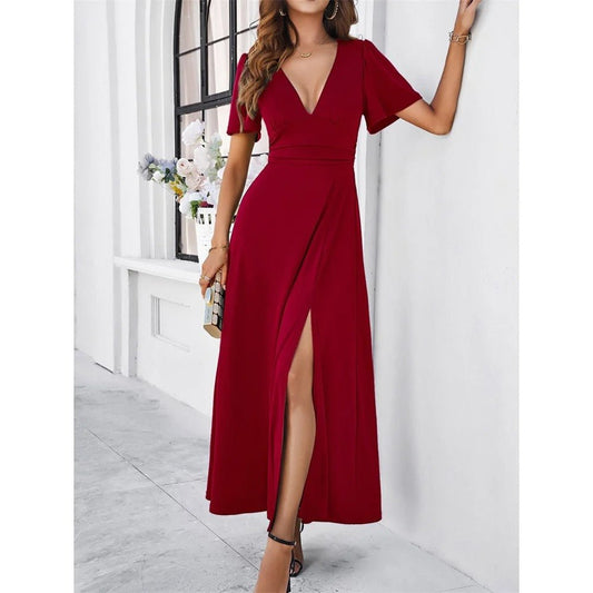 Slim-Weißen V-Ausschnitt Damenkleid mit Hohem Schlitz und Kurzen Ärmeln – Festliches Kleid für Sommerabende