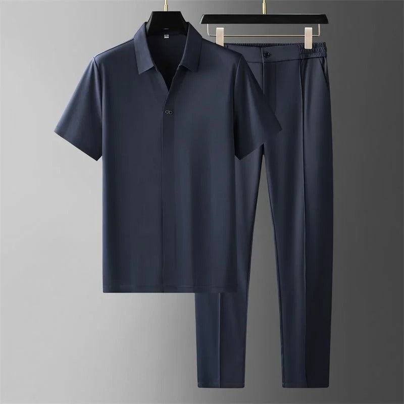 Men’s Casual Two-Piece Set Short-Sleeve Shirt & Slim Tapered Pants