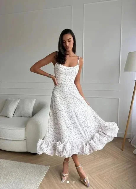 Variant image for Elegantes Maxikleid Sommer mit Rüschen und Blumenmuster, Ärmellos, A-Linie für Damen-5