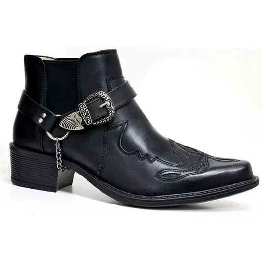 Handgefertigte Leder-Cowboystiefel Herren Mit Kettenschnalle, Langlebiger Motorradstil, Komfortable Passform-1